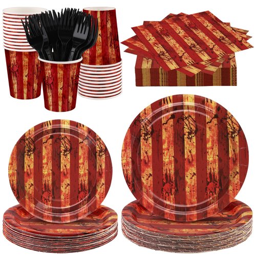 durony 144 Pieces Horror Circus Paper Plates and Napkins Halloween Dinnerware Set Creepy Carnival Party Tableware Supplies Includes Paper Plates Napkins Forks Serve 24 for Halloween Party Supplies