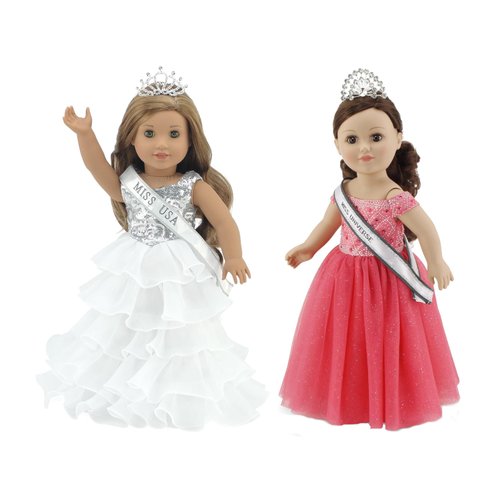 Emily Rose 18-inch Doll Stunning White Pageant Gown Dress & Sash/Crown Outfit Bundled with Our Lovely Salmon Colored Dress & Accessories 18" Doll Clothes Set | Compatible with American Girl Dolls