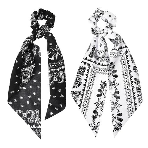Paisley Bandana Scrunchies with Ribbon Bow, Scarf Hair Ties and Ponytail Holders for Girls and Women - 2Pcs