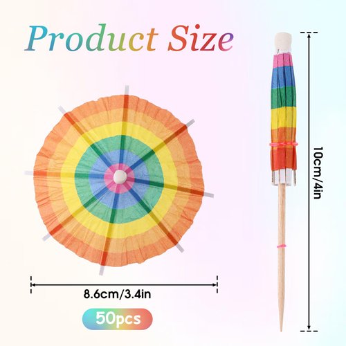 50 Pcs Drink Umbrellas, 3.9 Inch Umbrella Toothpicks Rainbow Cocktail Umbrellas for Drinks, Mini Cocktail Picks Umbrella for Drink & Food, Summer Hawaiian Appetizers Party Decor