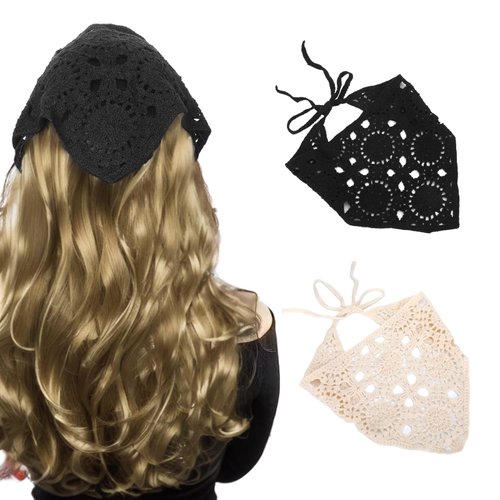2 Pcs Crochet Headbands for Women, Black Hair Bandanas for Women Bandana Headband Scarf Headbands for Women, Floral Bandana for Hair Scarf Headband Bandana Cute Bandanas Knitted Headband for Women