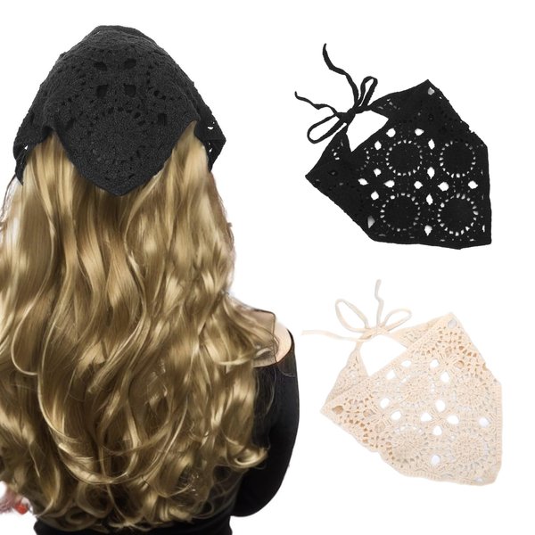 2 Pcs Crochet Headbands for Women, Black Hair Bandanas for Women Bandana Headband Scarf Headbands for Women, Floral Bandana for Hair Scarf Headband Bandana Cute Bandanas Knitted Headband for Women