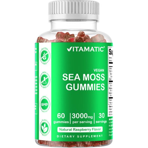 Vitamatic Irish Sea Moss Gummies - 3000 mg - 60 Vegan Gummies - Made with Bladderwrack & Burdock Root - Seamoss Supplement for Thyroid, Energy, Immune Support