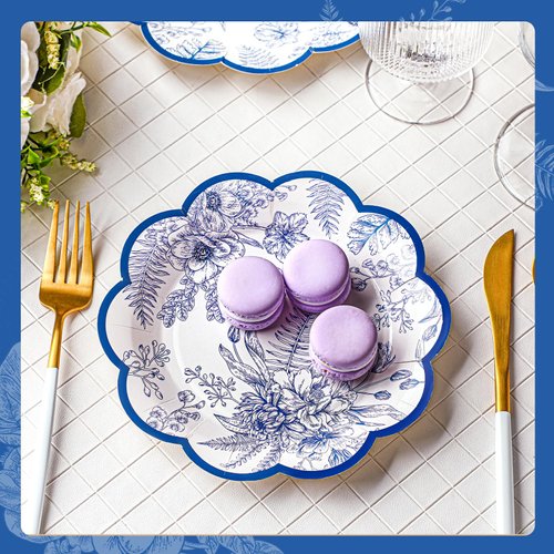100 Pcs Blue Floral Paper Plates Disposable Dessert Plates Baby Bridal Shower Party Supplies Floral Dessert Plates Bulk Birthday Party Tea Party Serving Tray for Wedding Birthday Party Supplies