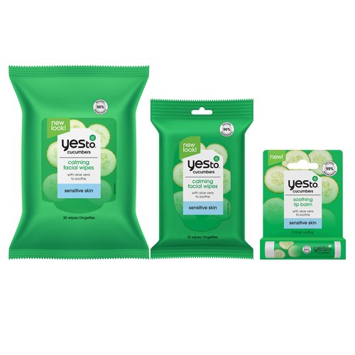 Yes To Cucumber Calming Bundle, 30 Ct Calming Facial Wipes, Plus Bonus 10 Ct Travel size Facial Wipes & Soothing Lip Balm, Cleansing & Hydrating Mix To Calm Skin, Natural, Vegan & Cruelty Free, 3 Piece set