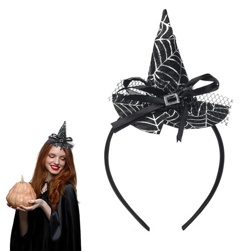 HAKJXOS Halloween Headband Black Witch Hat Headbands Bow Hair Accessories Silvery Spider Web Pattern Design Hair Bands Cute Head Bands Black Headbands for Women Men Fashion Accessories