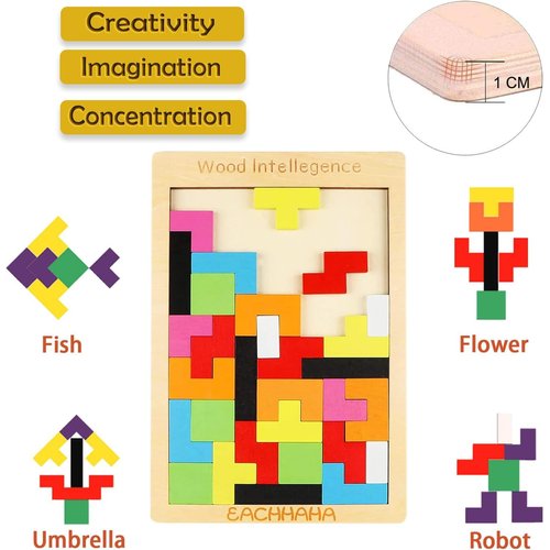 EACHHAHA 3-in-1 Wooden Blocks Puzzle Set,Hexagon Wooden Puzzle + Wood Russian Blocks + Tangram Puzzle for Kids,Intelligence Brain Teasers Toy STEM Educational Gift for Children(with Storage Bag)