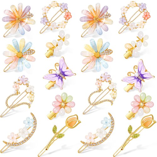 18 Pcs Rhinestone Butterfly Hair Clips Decorative Bobby Pins Crystal Flower Pins Handmade Metal Hair Barrettes for Women Gold Prom Hair Accessories Glitter Styling Pins for women Wedding Jewelry