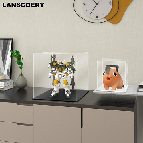 LANSCOERY Acrylic Display Case, Assemble Showcase Display Box for Collectibles, with Dustproof & Seamless Display Design, 4.7x4.7x4.7inch Black Base