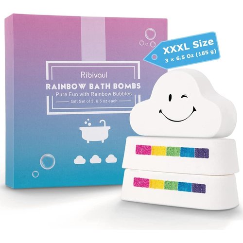 Bath Bombs Gift Set, Ribivaul Rainbow Bath Bombs XXXL Size 6.5 oz ×3 Handmade Bath Bombs with Natural Ingredients, Bath Bomb for Kids with Colorful Bubbles, Great Gift Idea for Halloween, Christmas