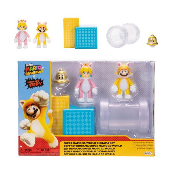 Super Mario Nintendo 2.5" Action Figures 3D World Diorama Includes Cat Mario and Cat Peach