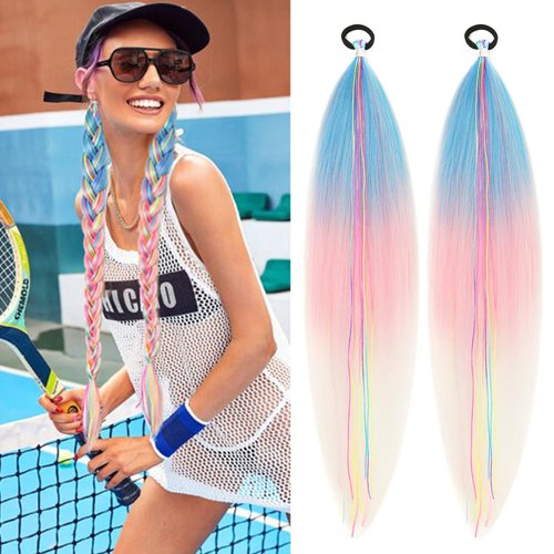 LACE PLUS Braided Hair Extensions, Pony Tails Hair Extensions Eye Catching Hair Ponytail Rainbow Hair Extensions Colorful Braid Extensions for Women Kids Party Christmas 26 Inch 2PCS(Blue/Pink/White)