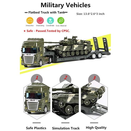 ZUKULIFE Military Vehicles and Army Battle Site Toys Flatbed Truck with Tank, Gift for 3 4 5 6 Year Olds Boys Kid Toddler Child