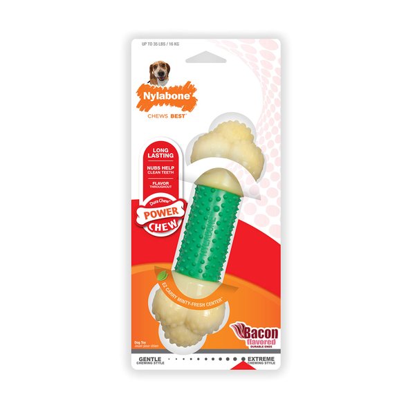 Nylabone Power Chew Double Action Barbell Bone Chew Toy, Durable Dog Toy, Bacon Flavor, Medium - Up to 30 lbs. (1 Count)