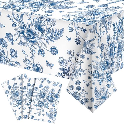 Tiamon 3 Pcs Blue Floral Plastic Tablecloth 54 x 108 Inch Vintage Rectangle Table Cover Disposable Blue Flower Table Cloth Blue and White Porcelain Table Decor for Wedding Shower Birthday Party