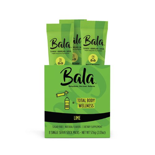 BALA Hydration Turmeric Drink Mix Packet | Sugar-Free Electrolyte Powder, Post Workout Recovery Drink, Joint Relief | Plant-Based Enzymes, Bromelain, Papain, Curcumin Lime 5.71 Ounce (Pack of 8)