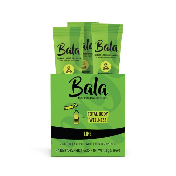 BALA Hydration Turmeric Drink Mix Packet | Sugar-Free Electrolyte Powder, Post Workout Recovery Drink, Joint Relief | Plant-Based Enzymes, Bromelain, Papain, Curcumin Lime 5.71 Ounce (Pack of 8)