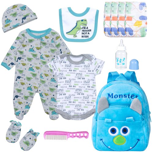 PEDOLLTREE 12 Pcs Set Reborn Baby Dolls Clothes Outfit Accessories Blue Dinosaur Set for 17-22 Inch Reborn Doll Newborn Boy with Monster Backpack Diaper