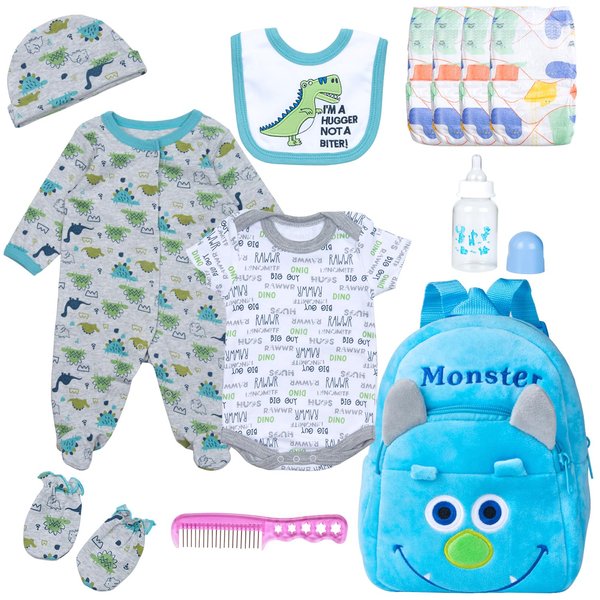 PEDOLLTREE 12 Pcs Set Reborn Baby Dolls Clothes Outfit Accessories Blue Dinosaur Set for 17-22 Inch Reborn Doll Newborn Boy with Monster Backpack Diaper