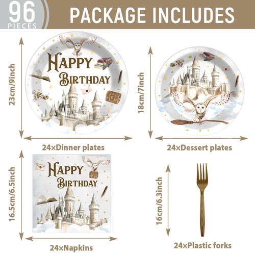 96Pcs Magical Wizard Birthday Party Supplies Vintage Castle Owl Party Plates and Napkins Witch Wizard Magic Party Disposable Tableware Decorations for Magic Baby Shower Party Favors for 24 Guests