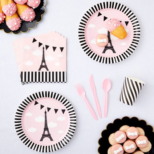 144 Piece Paris Birthday Party Decorations with Plates, Napkins, Cups, and Cutlery, Disposable Tableware Set for Kids Birthday, Girl's Baby Shower (Serves 24 Guests)