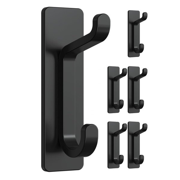 pickpiff 6-Pack Self-Adhesive Hooks, Extra Sticky 10LB (Max), for Towel Coat Robe Key Cloth, Stainless Hook for Door Bathroom Shower, Matte Black Wall Mounted Hanger for Shower Bathroom Kitchen Door