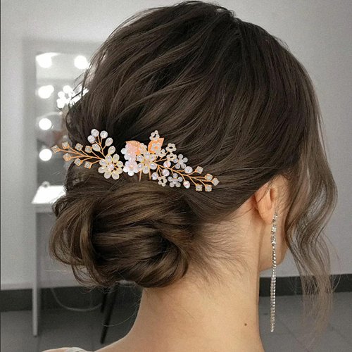 Foryysa Bridal Wedding Hair Pins for Women Rose Gold Rhinestone Pearl Vine Headpiece Elegant Flower Leave Handmade Headwear Sparkly Design