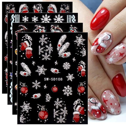 JMEOWIO 3D Embossed Christmas Nail Art Stickers Decals Self-Adhesive Pegatinas Uñas 5D White Snowflake Xmas Winter Holiday Nail Supplies Nail Art Design Decoration Accessories 4 Sheets