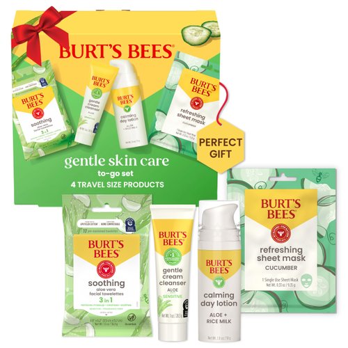 Burt's Bees Christmas Gifts, Gentle Skin Care To-Go Set, Includes Cleanser, Towelettes, Lotion and Sheet Mask, Travel Size Facial Skin Care for Sensitive Skin, Natural Origin Skin Care, 1 Gift Set