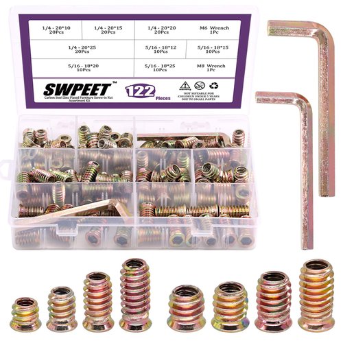 Swpeet 122Pcs Carbon Steel Color Zinc Plated Carbon Furniture Screw in Nut Threaded Wood Inserts Bolt Fastener Connector Hex Socket (1/4 + 5/16, Assortment Kit)