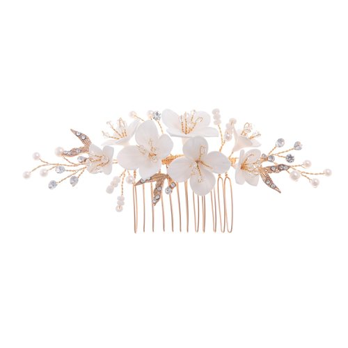Soulshow New Soft Material Polymer Clay White Flower Wedding Hair Accessories Handmade Pearl Gold Wedding Hair Comb Bridal Hair Accessories