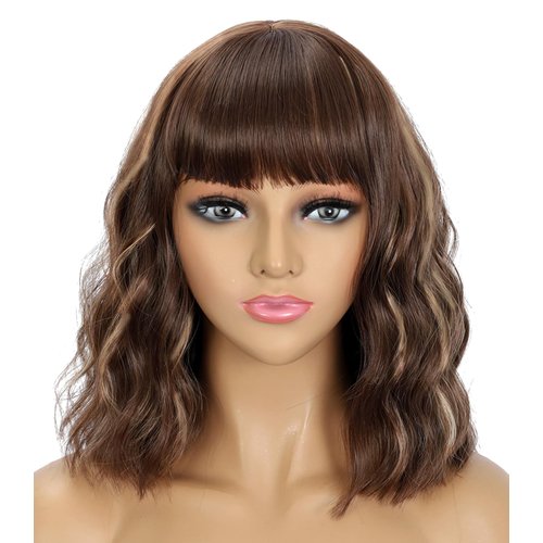 PESSN Short Brown Wavy Wigs with Bangs for Women,Synthetic Realistic Wavy Curly Bob Wig Shoulder Length,Short Brown Bob Wigs Natural Wave Curly Bob Wigs for Women …