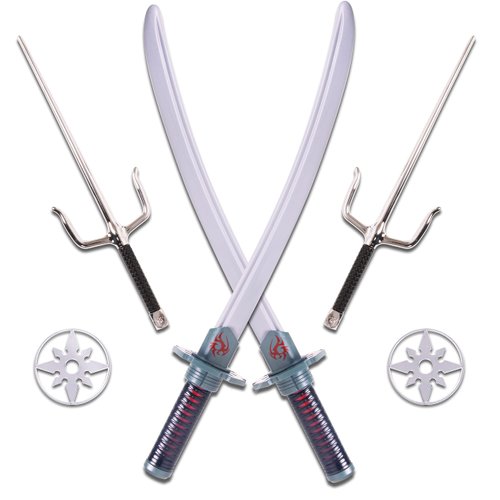 Kangaroo 6-Piece Ninja Toy Sword Set for Kids, Ninja Toy Weapons for Boys, Silver Katanas, SAIS, and Stars for Costume and Play