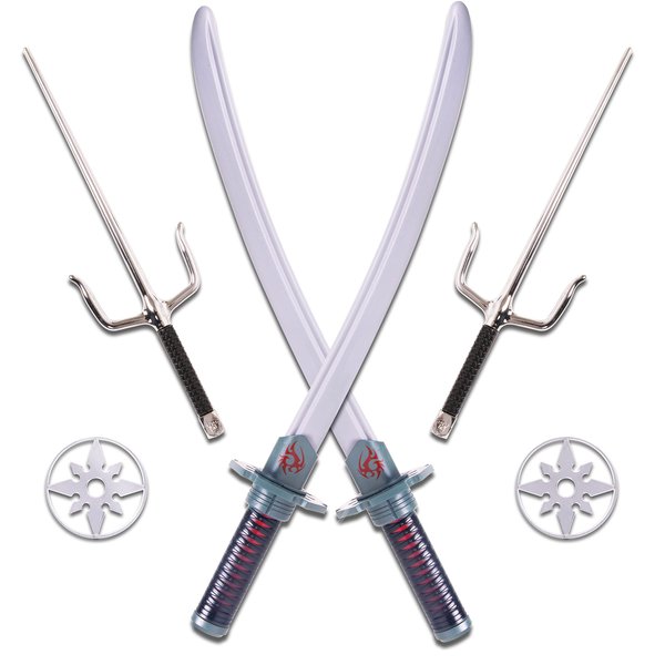 Kangaroo 6-Piece Ninja Toy Sword Set for Kids, Ninja Toy Weapons for Boys, Silver Katanas, SAIS, and Stars for Costume and Play