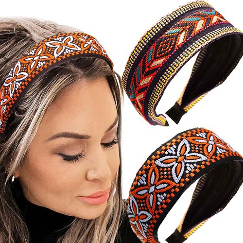 Coridy Wide Headbands Stretch Boho Hairbands Embroidery Printed African Hair Hoops Stylish Head Bands for Women Pack of 2 (Boho) (Type A)