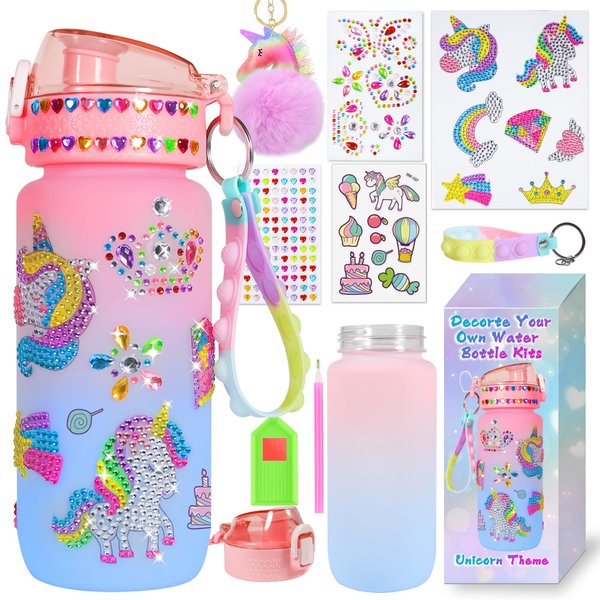 FIRITHYC Decorate Your Own Water Bottle Kits, Arts and Crafts Gifts Toys for Girls Age 4-6-8-10-12,Unicorn Gem Diamond Painting Crafts Gifts Toys for Girls Birthday
