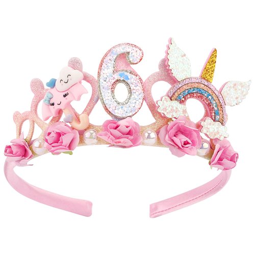 SuPoo 6th Birthday Headband Flower Birthday Crown for Girls Princess Tiara 6th Birthday Decorations for Girl Hair Band Cute 6 Year Old Birthday Party Decorations Accessory
