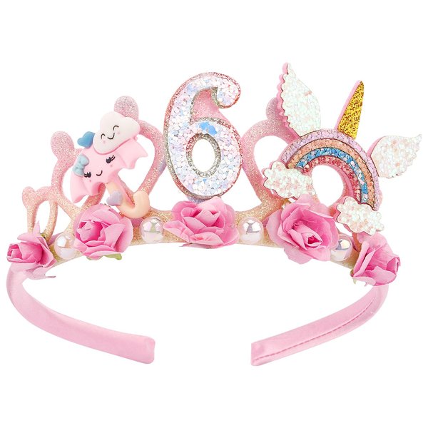 SuPoo 6th Birthday Headband Flower Birthday Crown for Girls Princess Tiara 6th Birthday Decorations for Girl Hair Band Cute 6 Year Old Birthday Party Decorations Accessory