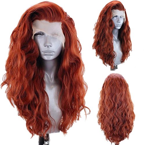RONGDUOYI RDY Copper Red Loose Body Wave Synthetic Wig for Women 24inches Long Wavy Lace Front Wigs Half Hand Tied Heat Resistant Fiber Hair Daily Use Halloween&Christmas Cosplay Hair