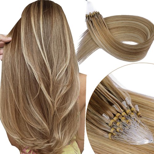 KiiKiiGirl Virgin Microlink Hair Extensions - Human Hair,18inch Micro link Hair Extensions Human Hair Micro Beads Hair Extensions Human Hair Chocolate Brown to Caramel Blonde 30G/Pack