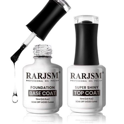 RARJSM Base and Top Coat Clear Shine Glossy Mirror Long Lasting Nail Art Gel Polish 15ml Big Capacity Soak Off 2pcs Set LED UV Curing Requires for Home Salon DIY Nail Manicure