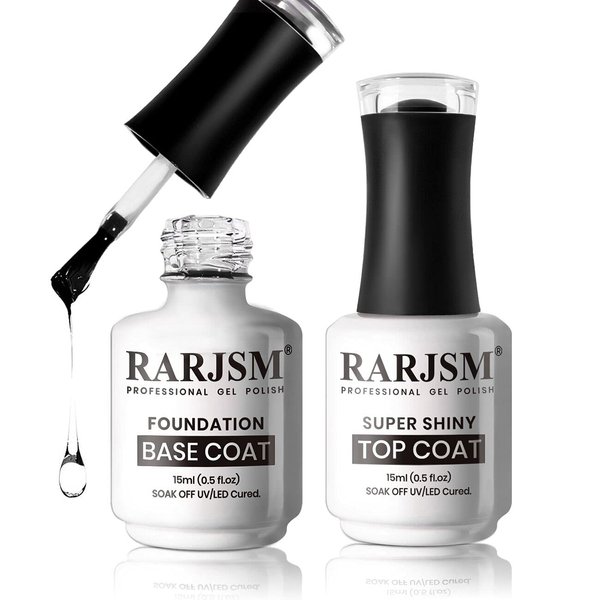RARJSM Base and Top Coat Clear Shine Glossy Mirror Long Lasting Nail Art Gel Polish 15ml Big Capacity Soak Off 2pcs Set LED UV Curing Requires for Home Salon DIY Nail Manicure