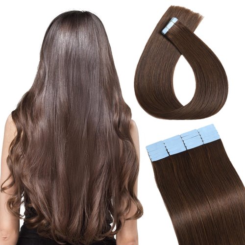 Tape In Hair Extensions Human Hair Remy Human Hair Extensions Real Human Hair 40g/Pack 20pcs Invisible Seamless Weft Adhesive Glue, Premium Quality (12 Inch, #4 Chocolate Brown)