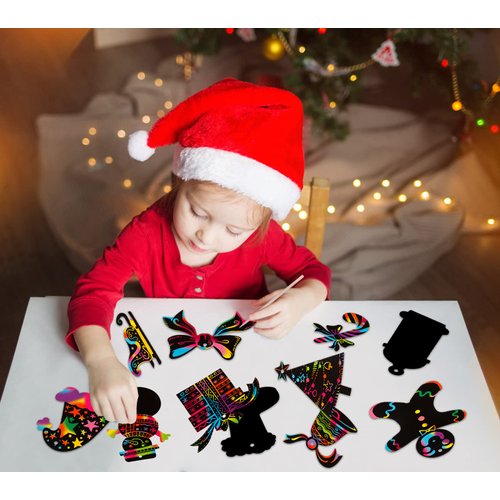WaaHome Rainbow Scratch Christmas Ornaments 24pcs Christmas Scratch Art Paper Craft for Kids School Classroom DIY Crafts Christmas Winter Holiday Party Decorations Favors Supplies