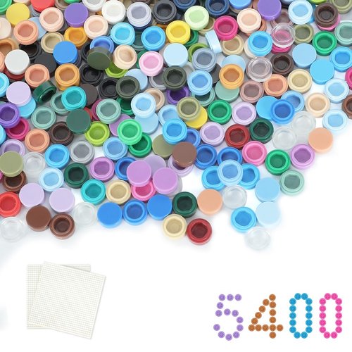 Etarnfly 5400PCS Pixel Bricks, 1X1 Round Plates - 54 Colors Building Blocks Parts and Pieces with 2 Pack 10”x10” White Peel-and-Stick Building Baseplates - Pixel Arts Dots Bulk Studs Accessories Kit