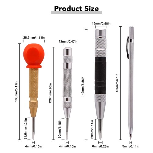 Tlimus 4 Pack 5 Inch and 6 Inch Automatic Center Punch Tool Adjustable Spring Loaded Punch and Metal Engraving Pen for Metal Wood Working with Hard-Shell Carry Case