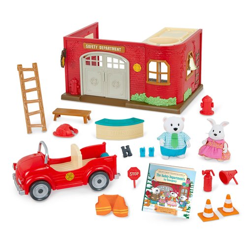 Li'l Woodzeez – Safety Department Dollhouse Playset – Posable Doll Figures, Fire Truck & Storybook Included – Miniature Furnitures & Accessories – Stackable Toy Pretend Play for Kids 3+