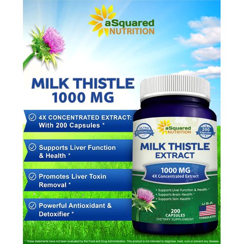 aSquared Nutrition Milk Thistle Supplement 1000mg-200 Capsules,Max Strength 4X Concentrated Extract 4:1 Milk Thistle Seed Powder Herb Pills, 1000 mg Silymarin Extract for Liver Support, Cleanse, Detox