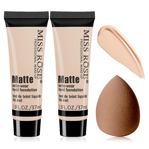 2 Pcs Matte Oil Control Foundation, Full Coverage Foundation Liquid Concealer Contour, Durable Flawless Hide Foundation Primer Concealer With Makeup Sponge (2 Beige3#)