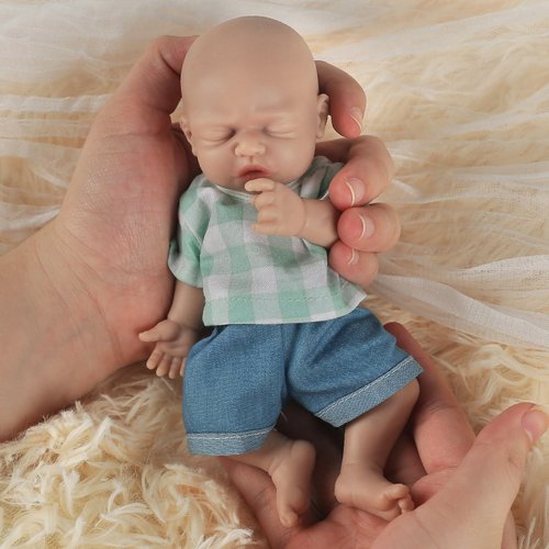 Vollence 7" Sleeping Micro Full Body Silicone Doll Boy Eye Closed Anatomically Correct with Feed Kit Accessories & Gift Box for Kids 3+ Or Reborners Collection - Boy
